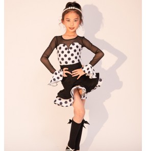 Girls kids white with black polka dot latin dance dresses children salsa chacha rumba dance skirts ballroom dance costumes for children